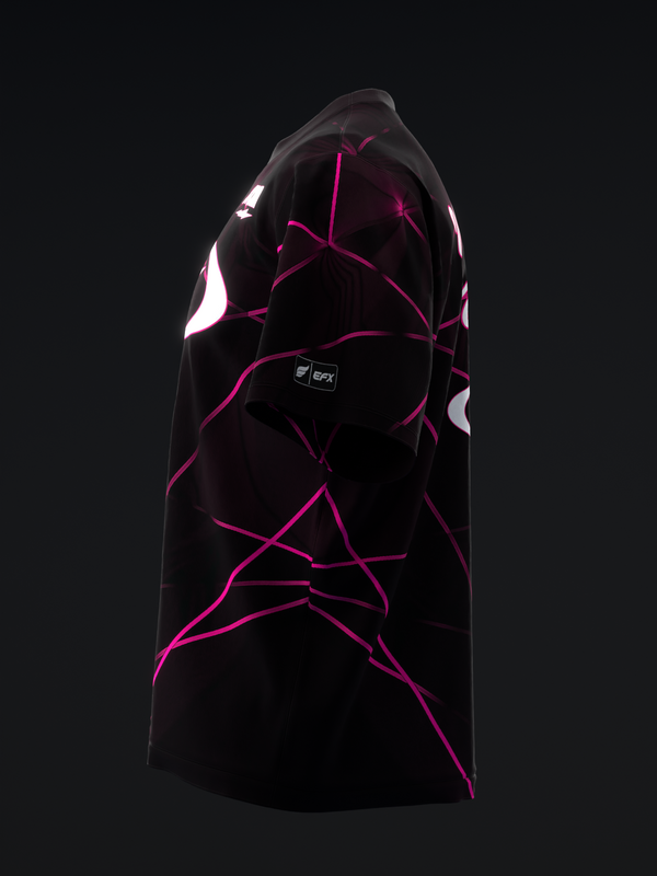 Black bowling jersey with bright magenta geometric line pattern and white accents