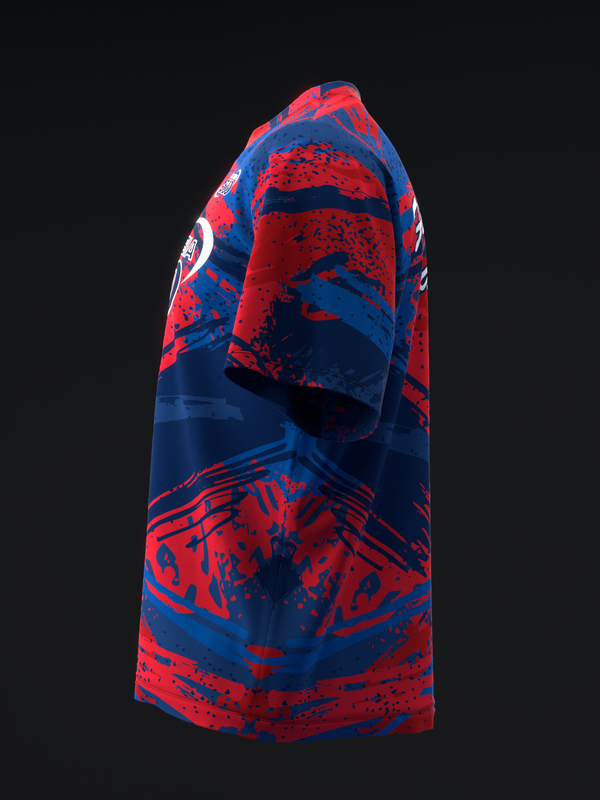 Red and navy bowling jersey with abstract splatter pattern and graphic design, front view