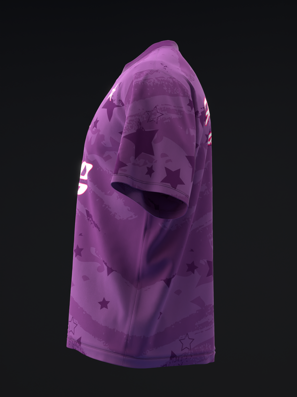 Purple bowling jersey with all-over star pattern and white side logo