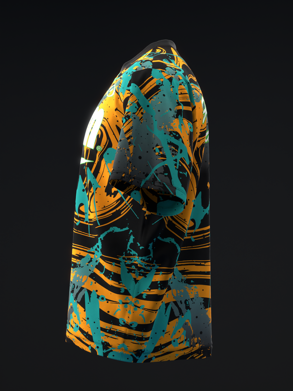 Black bowling jersey with teal and gold abstract graffiti pattern, front view