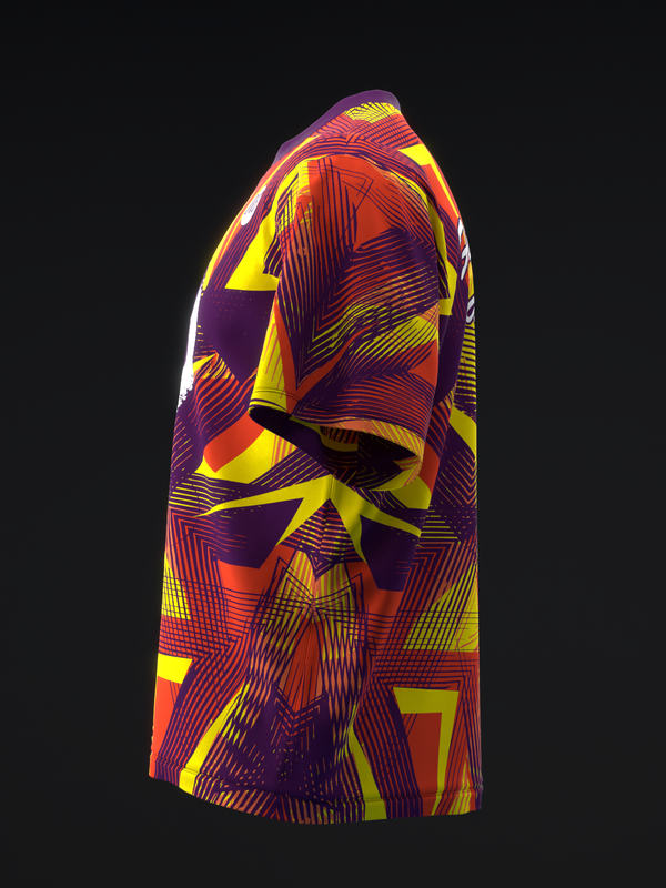 Bowling jersey with purple, red, orange and yellow geometric striped pattern, front view