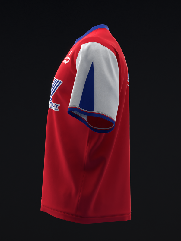 Red bowling jersey with white and blue striped design and graphic on side