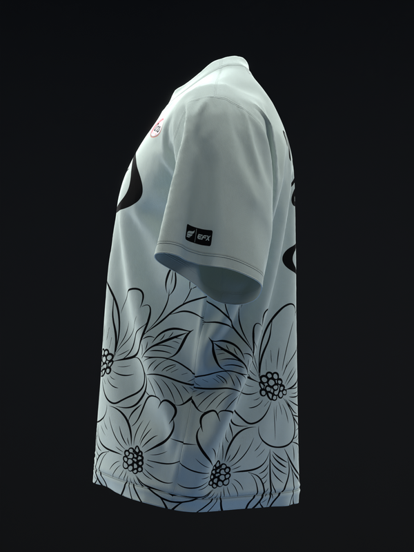 White bowling jersey with black floral design on lower front half, side view