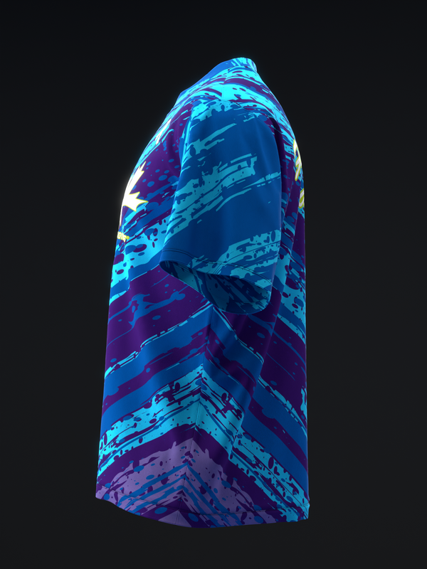 Bowling jersey with blue and purple diagonal striped pattern, side view