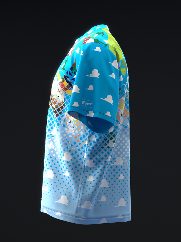 Light blue bowling jersey with white clouds and blue dot pattern, side view