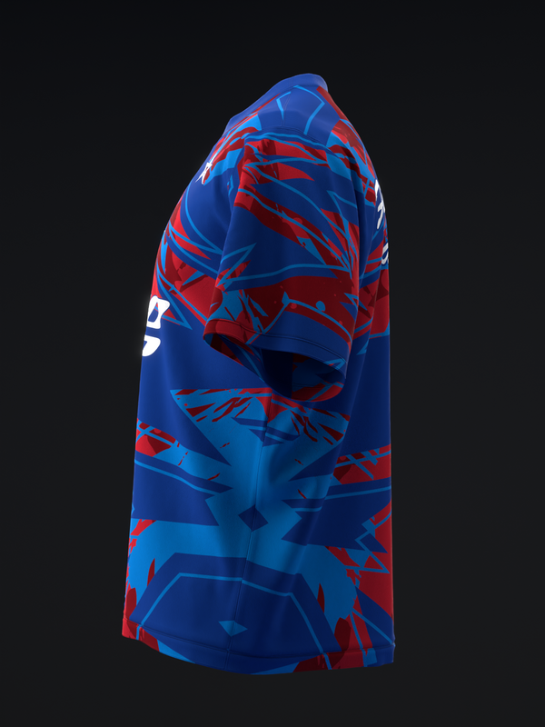 Blue and red bowling jersey with abstract geometric pattern, side view