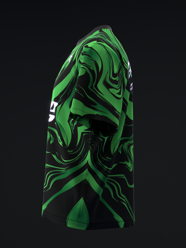 Black and green bowling jersey with abstract swirl graphic design