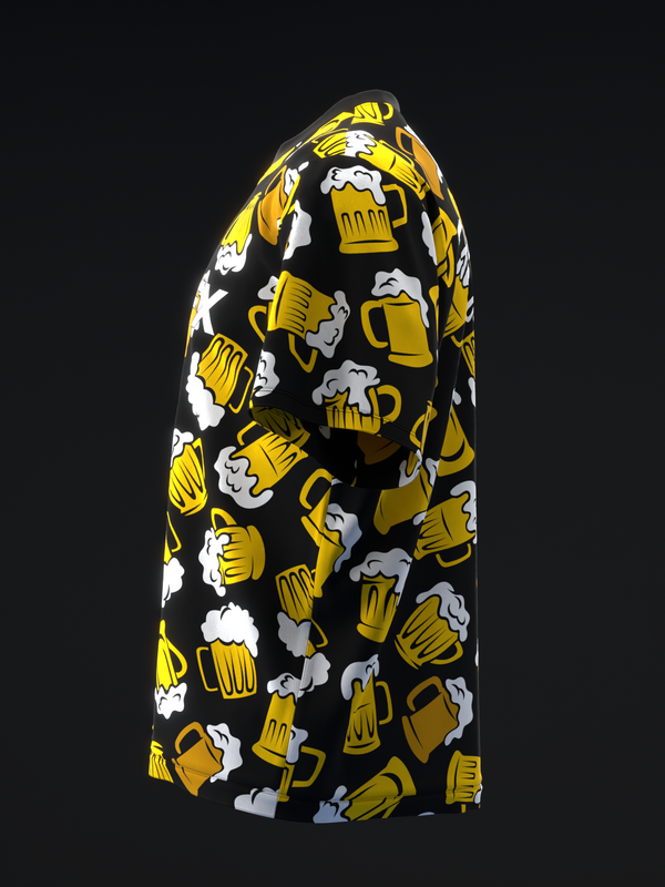 Black bowling jersey with yellow beer mugs and white foam pattern, side view