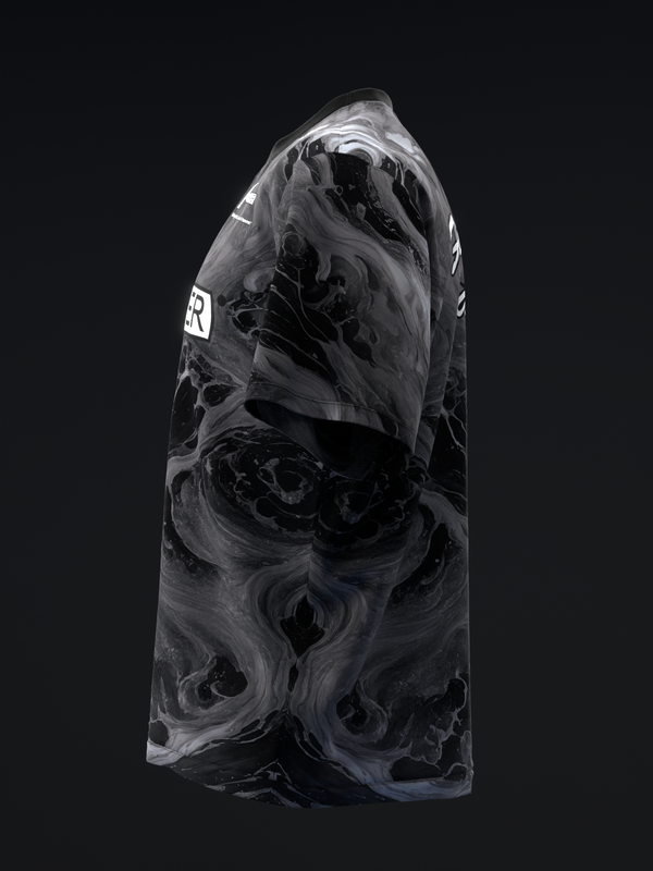 Black bowling jersey with fluid marble swirl pattern, side view