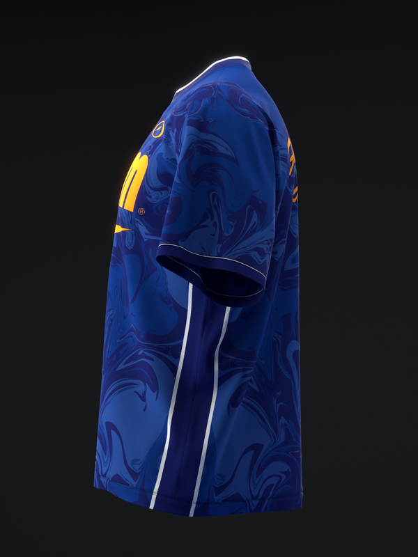 Blue bowling jersey with swirled pattern, yellow shoulder stripe, side view