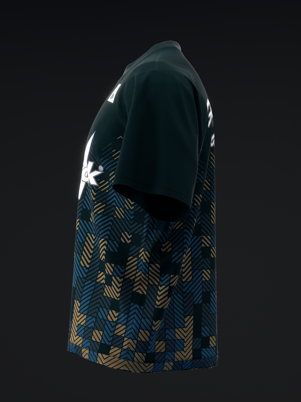 Black bowling jersey with blue and gold geometric chevron pattern on sleeves
