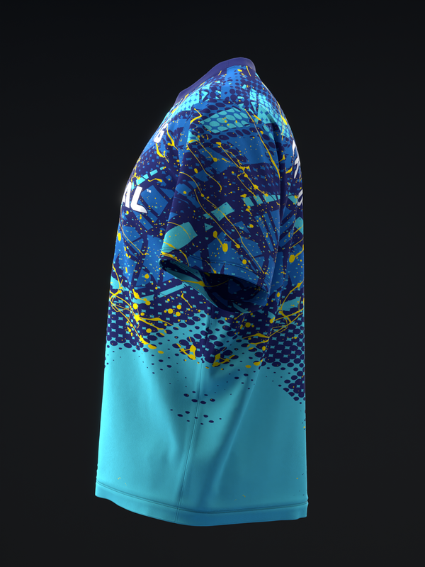 Bowling jersey with turquoise lower half and dark blue abstract geometric upper design