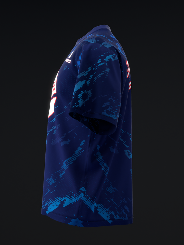 Navy bowling jersey with cyan brush stroke pattern and red accent details, side view