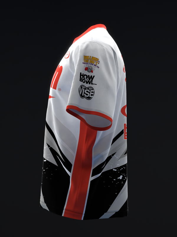 White bowling jersey with red and black accents, displayed on side view