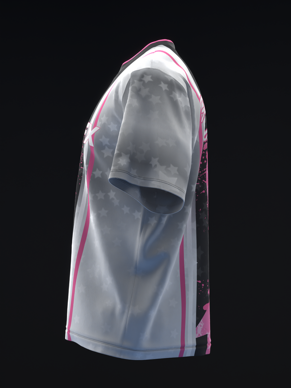 White bowling jersey with pink side panels and star pattern detail, side view
