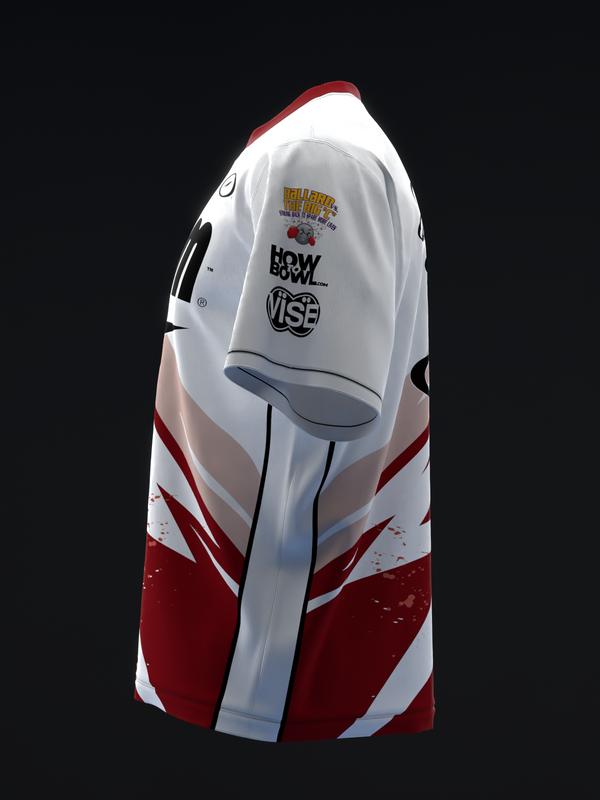 White and red bowling jersey with sponsor logos on front, side view