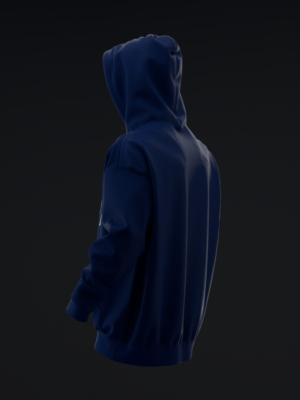 Navy blue pullover hoodie with kangaroo pocket, back view