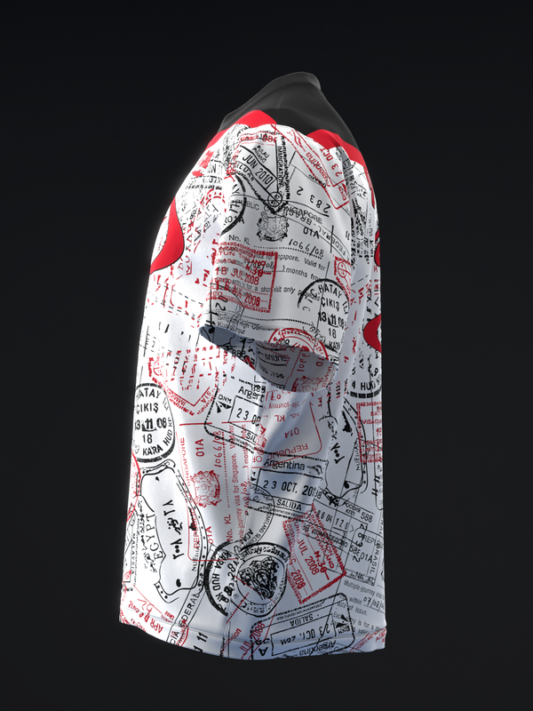 White bowling jersey with red and black stamp and postmark graphic design, side view