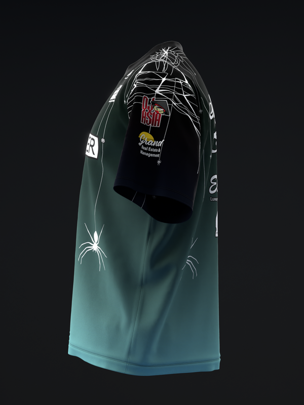 Teal bowling jersey with white spider web and spider graphics throughout