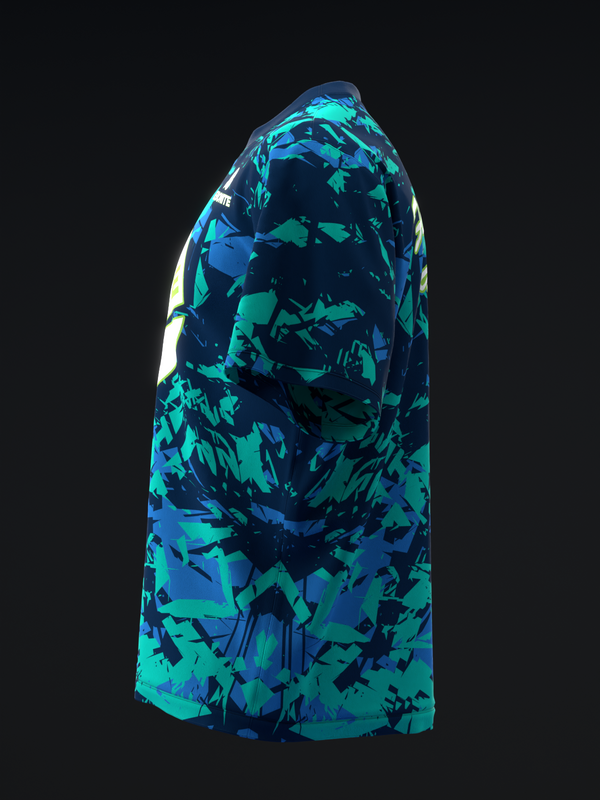 Bowling jersey with cyan and navy abstract geometric pattern, side view