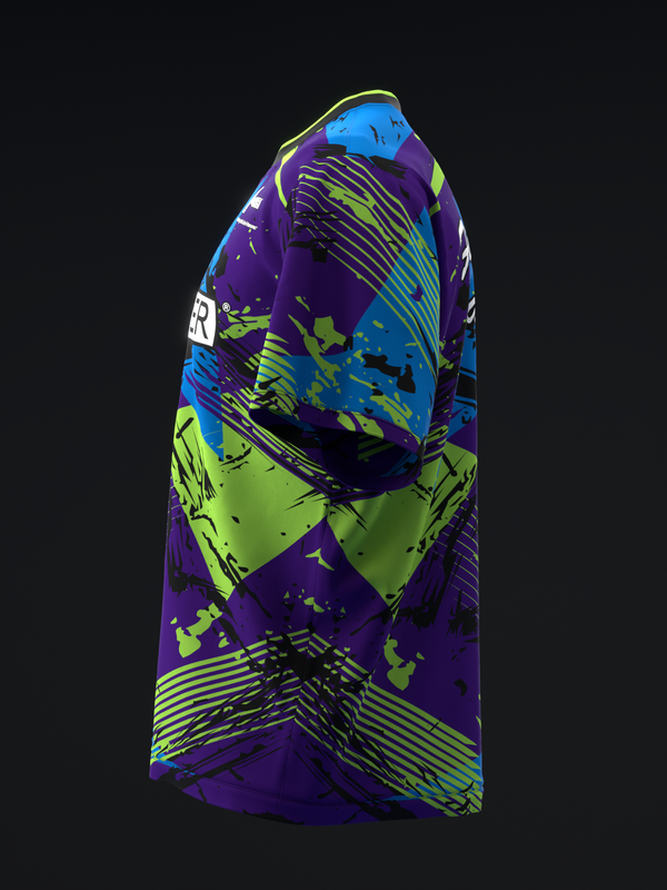 Purple bowling jersey with lime green and blue geometric striped pattern, three-quarter view