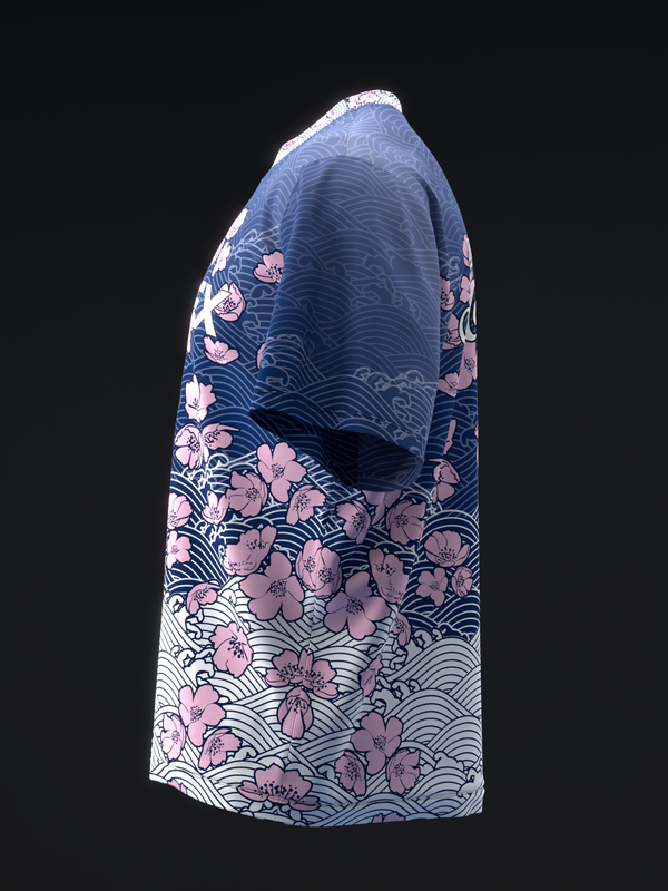 Navy bowling jersey with pink flowers and wave pattern design, side view
