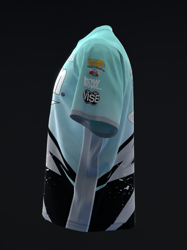 Light blue bowling jersey with white and black color-blocking and sponsor logos