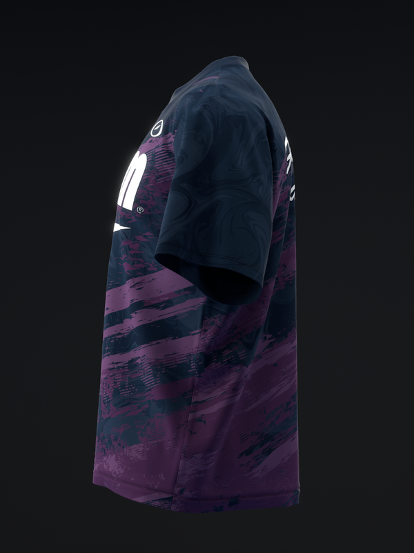 Black and purple bowling jersey with abstract brushstroke design, side view