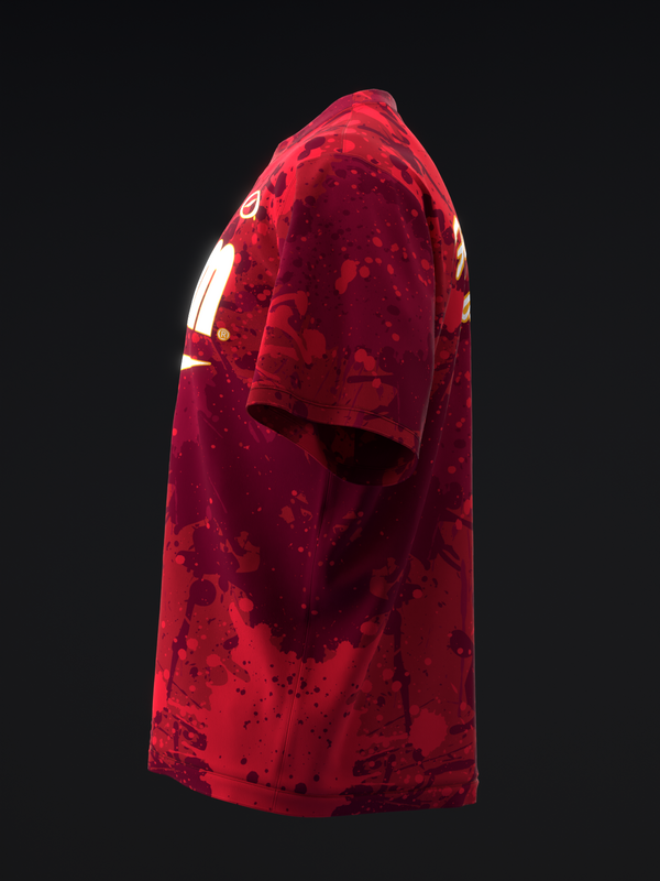 Red bowling jersey with splatter pattern design, side view shown