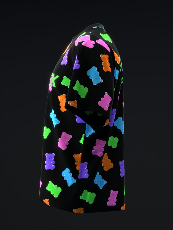 Black bowling jersey with neon gummy bear pattern throughout front view