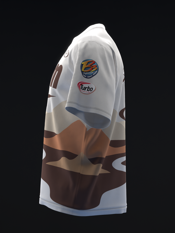 White and brown bowling jersey with geometric landscape design and logos