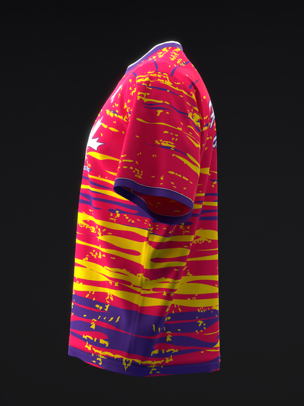 Bowling jersey with horizontal striped pattern in red, yellow, and purple.
