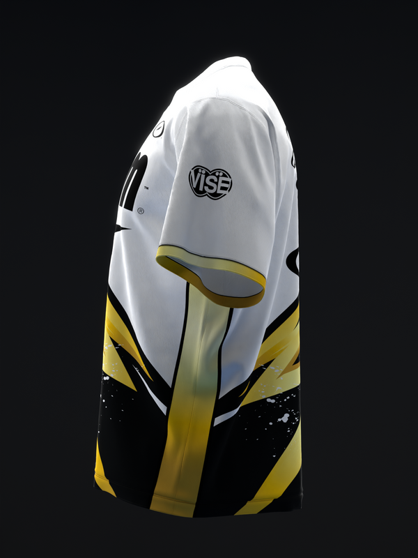 White bowling jersey with yellow and black color-blocking and Vise logo, front view