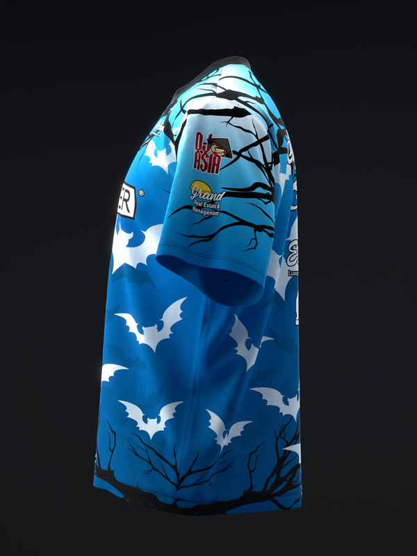 Blue bowling jersey with white bat pattern and bare branch graphics