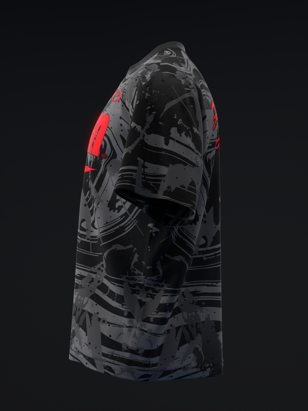 Black bowling jersey with gray abstract design and red shoulder accents, side view