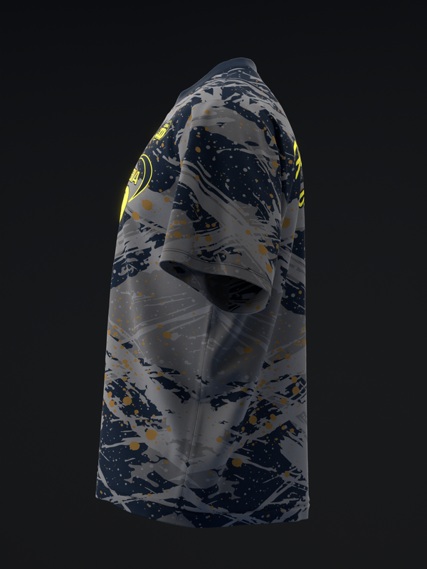 Gray bowling jersey with navy and gold splatter pattern and yellow accents, front view