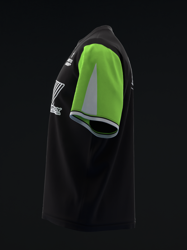 Black bowling jersey with neon green sleeves and white graphic detail