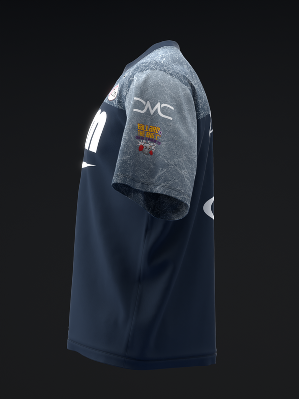 Navy bowling jersey with gray heathered sleeves and white accents, side view