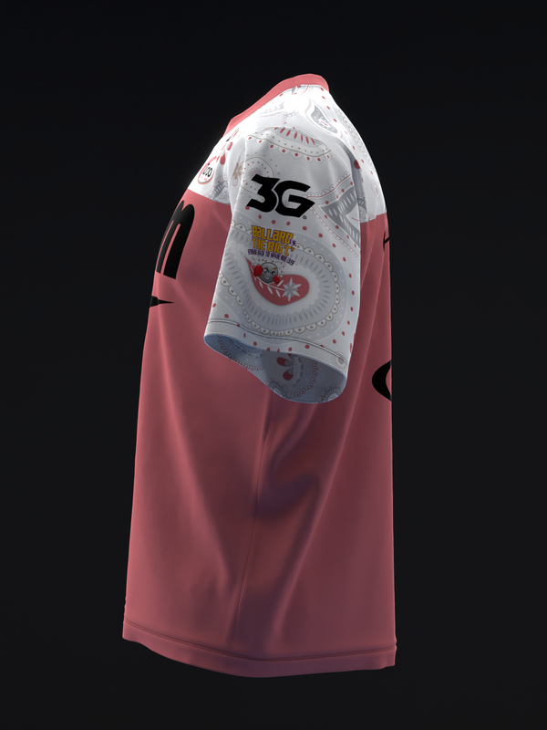 Pink and white bowling jersey with number 36 and paisley graphic design