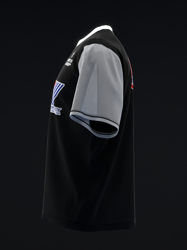Black and gray bowling jersey with white stripe graphic on sleeve