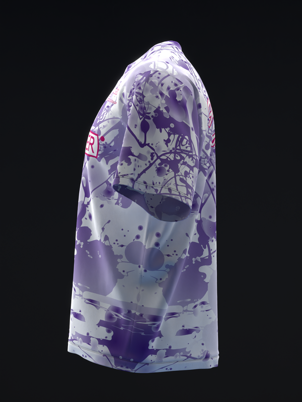 White bowling jersey with purple abstract splatter and paint stroke design