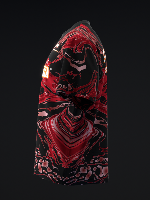 Red and black bowling jersey with swirling abstract marble pattern design