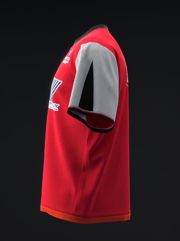 Red bowling jersey with gray sleeves and orange stripe trim, side view