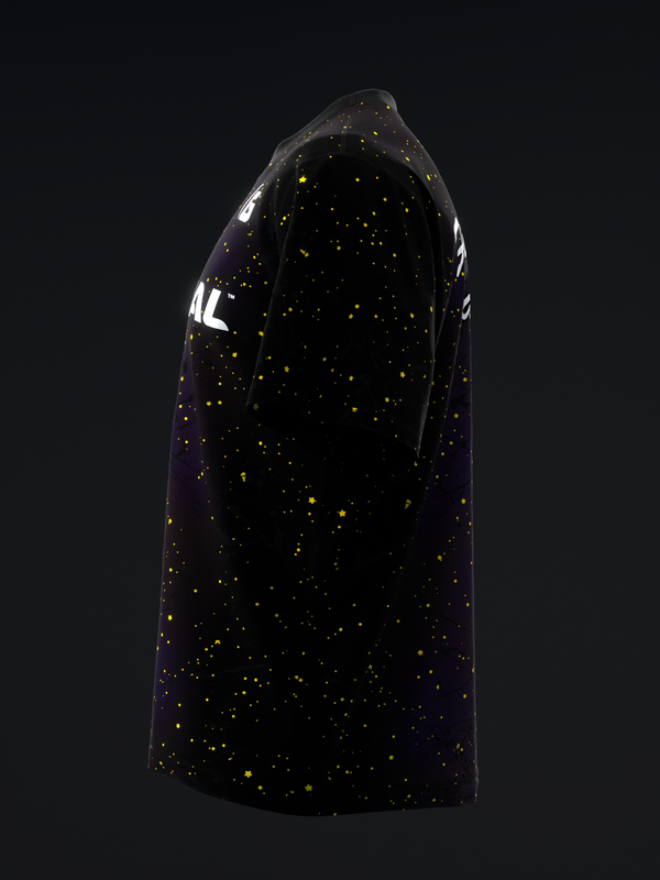 Black bowling jersey with gold speckled pattern and white accent on sleeve