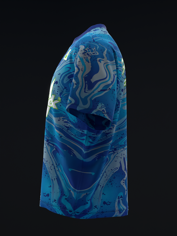 Blue bowling jersey with abstract liquid swirl pattern, side view