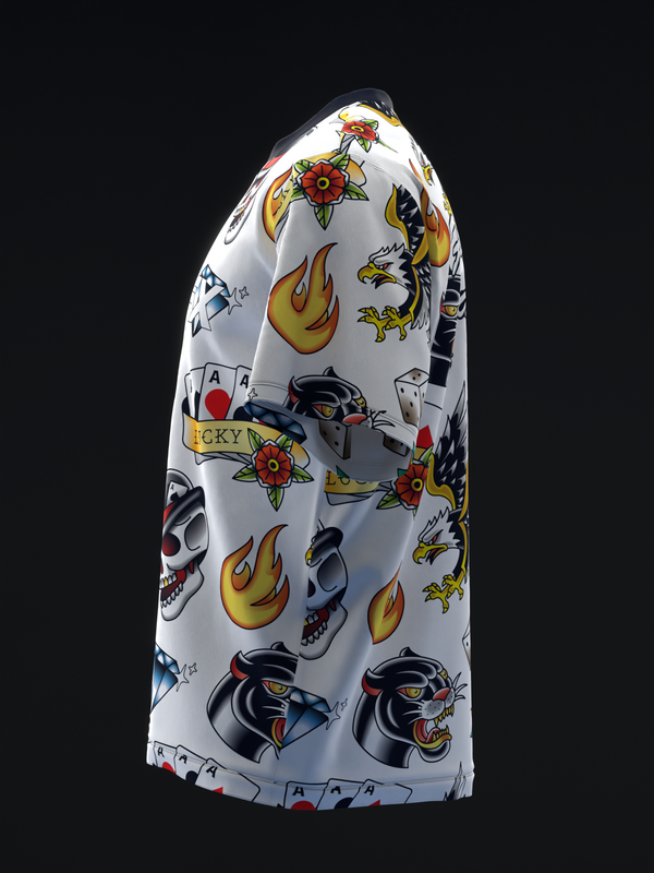 White bowling jersey with traditional tattoo flash graphics including skulls, flames, and roses