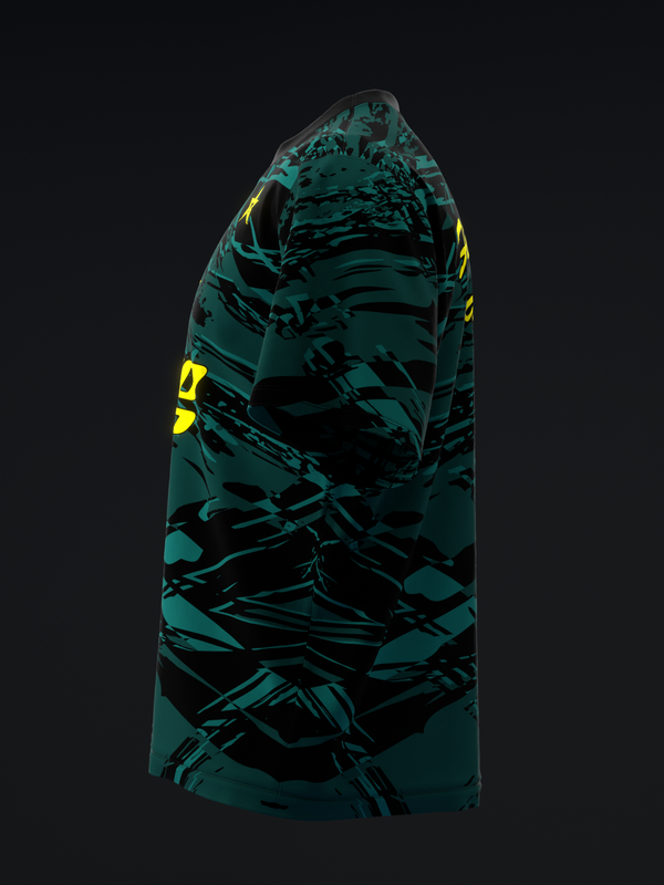 Teal and black bowling jersey with abstract brushstroke pattern and yellow accents, front view
