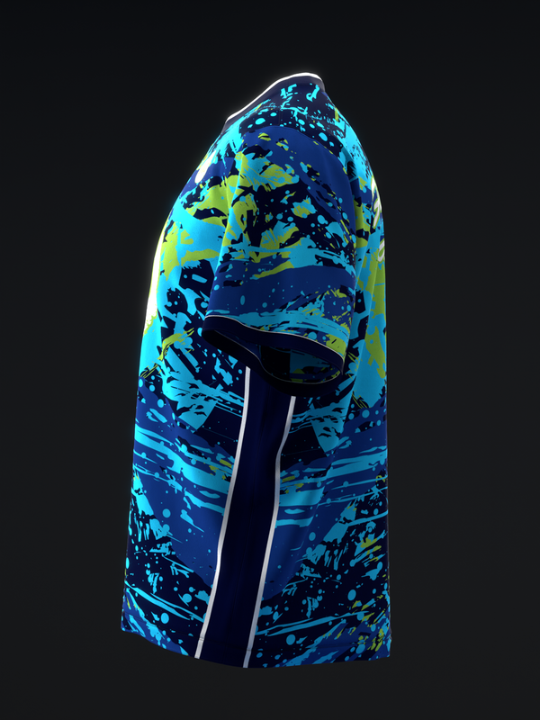 Cyan and navy bowling jersey with abstract splatter pattern and white stripe detail
