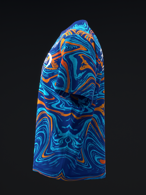 Blue bowling jersey with swirling orange and cyan abstract pattern, side view