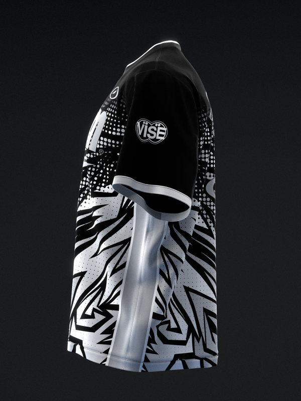 Black and silver bowling jersey with geometric zebra stripe pattern design